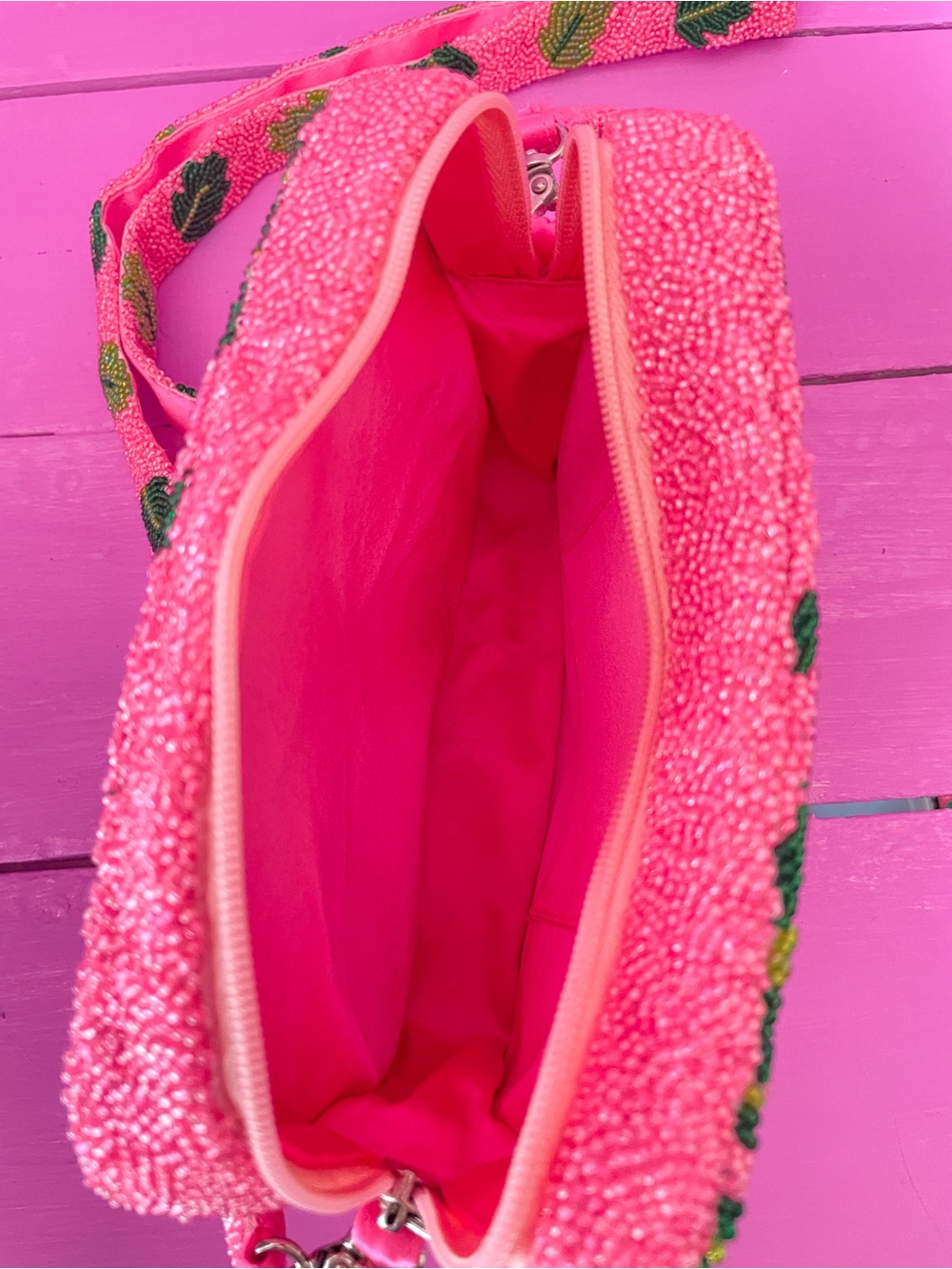 Beaded Tropical Leaf Crossbody Bag - Pink & Green - Picture 3 of 3